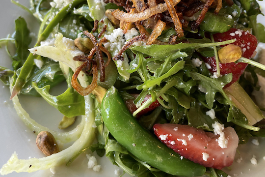 Spring Salad of Asparagus, Snap Peas, Strawberry, Shaved Fennel, Queso Fresco, and Pistachio